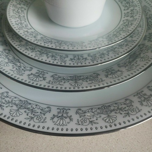 Vintage Noritake 7 pc Set Silver White Eminence #6905 PLATES BOWLS
