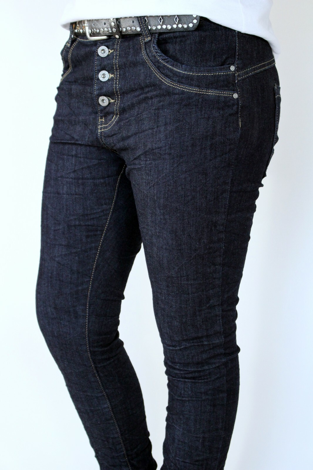 JEWELLY Damen Jeans Hose Denim Stretch Knöpfe Blau Waschung 34 36