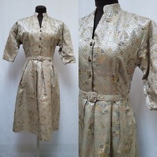 Gorgeous Vintage 1950's Chinese Gold Silk Jacquard Dress w/ Belt - Size S