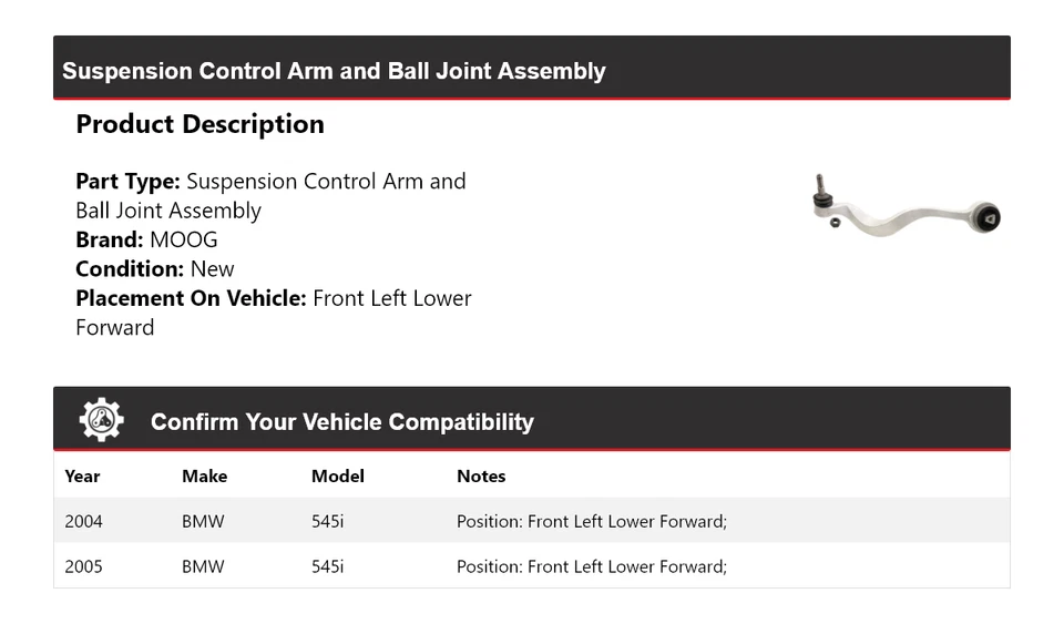 Brazo de control delantero izquierdo delantero inferior delantero MOOG para BMW 545i 2004-2005 Foto 2 de 4
