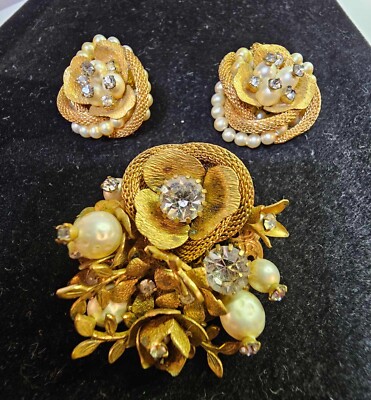 Miriam Haskell Rope Twist Floral w/ Faux Pearl Brooch & Earrings Set- unsigned