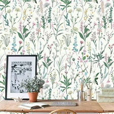 JiffDiff 17.3'' x 118.1" Floral Peel and Stick Wallpaper Vinyl Wallpaper Flow...