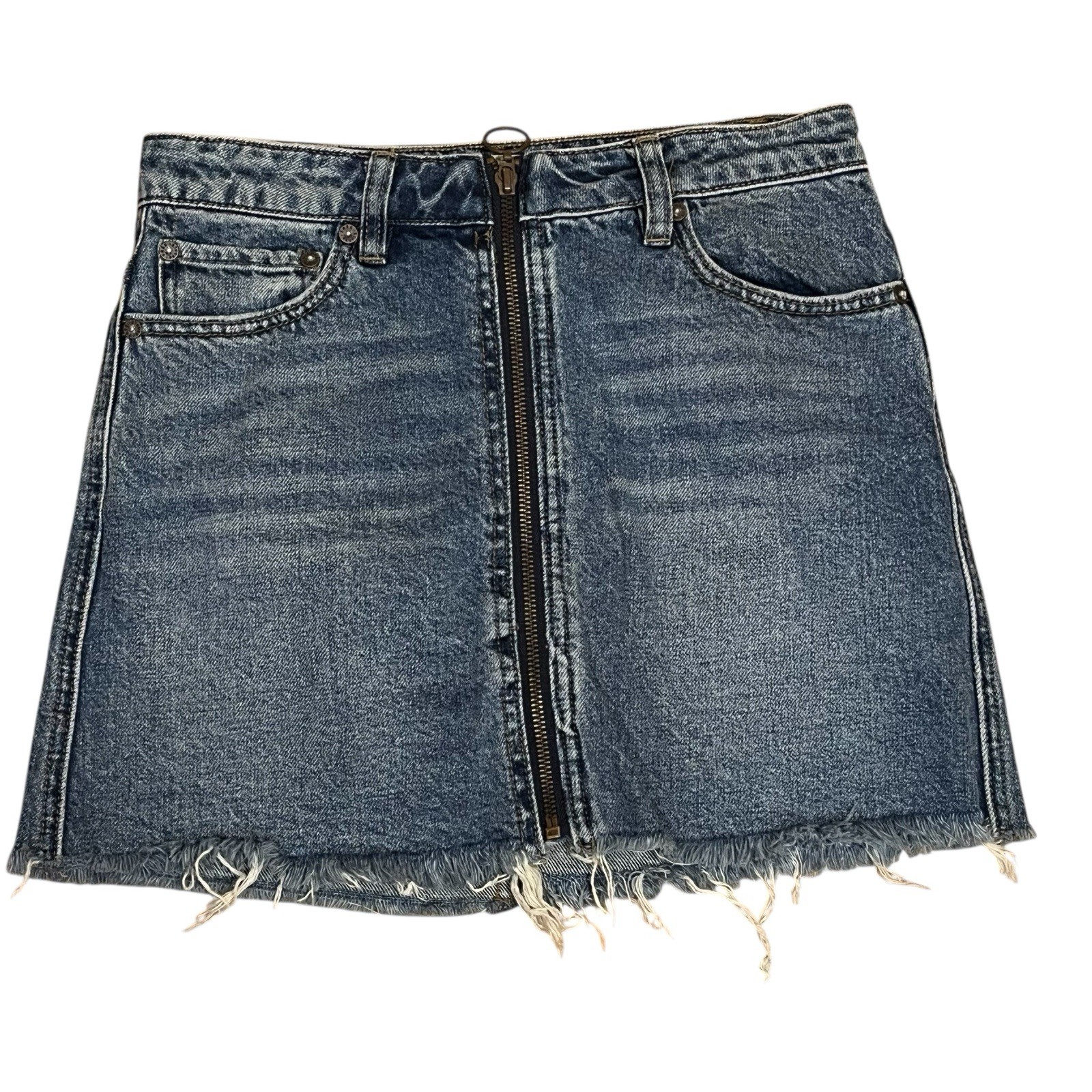 We The Free Micro Mini Denim Jean Skirt Size 24 Zip Front Fringe Hem Y2K Preppy