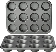 Amazon Basics Nonstick Round Muffin Baking Pan, 12 Cups, Set of 2, Gray, 13.9x10