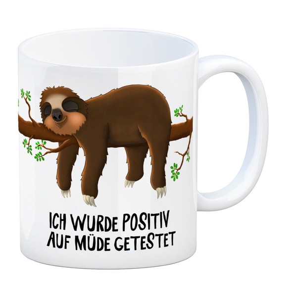 Kaffeebecher Mit Faultier Auf Baum Motiv Und Spruch: Ich Wurde Positiv Auf MüDe-image