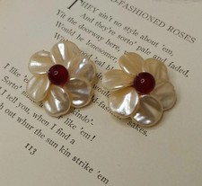 Vintage Clip Ons Beaded Flower W/ White Pedals & Red Center 80s Clip On Earrings
