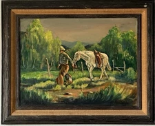 RANDY FOLLIS VINTAGE WESTERN COWBOY LANDSCAPE OIL PAINTING SOUTHWEST HORSE 1960s