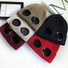 Unisex Men Women Knitted Hat with Goggles Windproof Winter Warmer Ski Beanies So