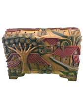 Large Hand Carved Honduras Wooden Chest Village Scene Folk Art Storage Box