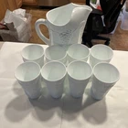 Lot of 9 Vintage White Milk Glass Collection Pitcher  & 8 Glasses Grape Pattern