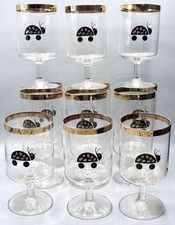 Set Of 12 Vintage 1960s Ladybug Footed Goblet Cocktail Glasses Gold Trim MCM Bar