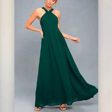 Lulus Air of Romance Maxi Dress Gown forest green sleeveless chiffon Sz Large