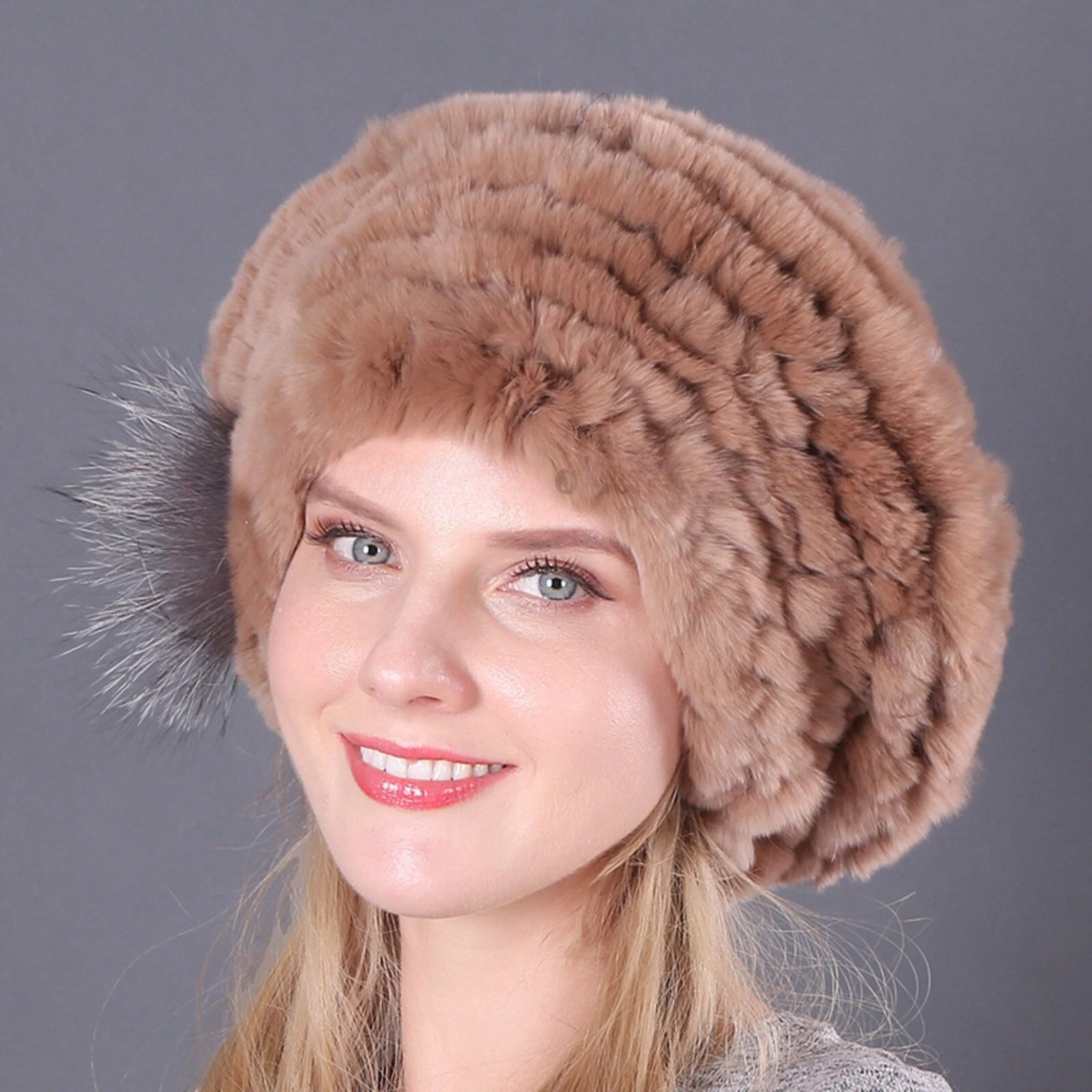 Winter Warm Fur Hat Berets Lady Real Rex Rabbit Beanies Cap Handmade Fluffy Soft