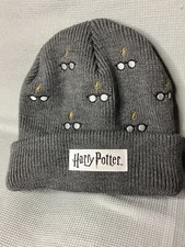 Harry Potter Beanie Hat Gray One Size Fleece Lined Fold Over Glasses AOP