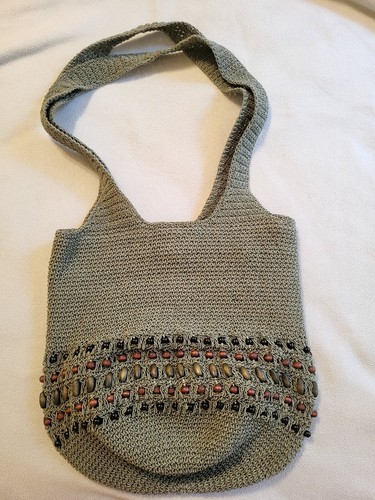Gehäkelte Handarbeit Damen Salbeigrün Beuteltasche Eimer Schultertasche mit Perlen Boho - Bild 2 von 9