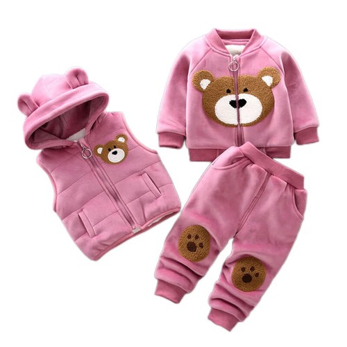 Autumn Winter Baby Boys Clothes Sets Thick Fleece Cartoon Bear Jacket Vest Pants - Picture 25 of 28
