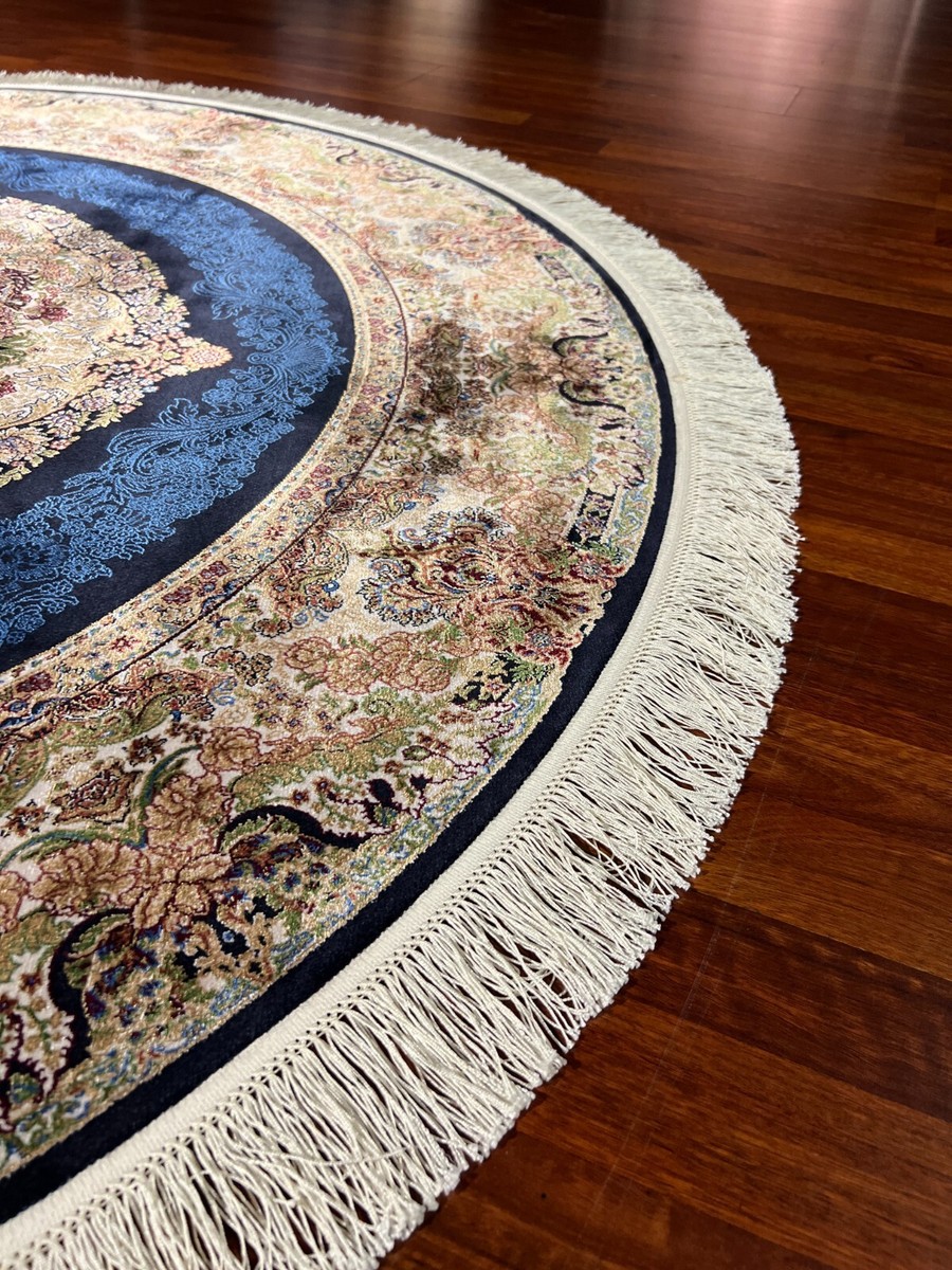 5x5 ft Blue Gold Silk Round Rug – Vintage Circle Rug