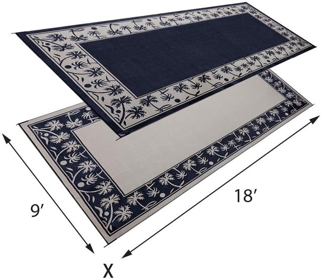 Black Beige Palm Trees Outdoor Patio Deck RV Mat 9x18 ft Reversible Rug