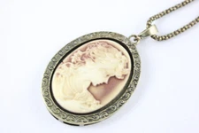 Brass Toned Cameo Lady Pendant Necklace