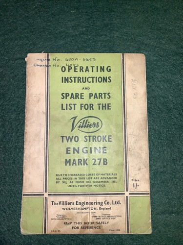 Villiers Instruction And Parts Manual Two Stroke 27B 1953
