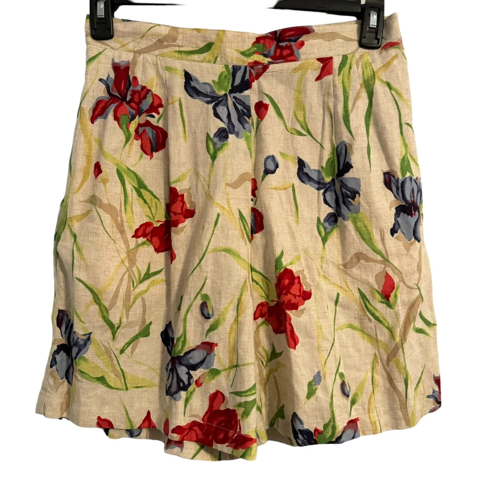 Pantalones cortos de mezcla de lino tallado con volantes talla 12 beige entrepierna múltiple floral para mujer  Foto 3 de 4
