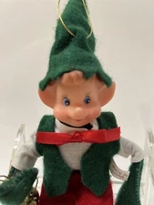 Elf Christmas Ornament Decoration Felt Bendable Jingle Bell Holiday Vintage