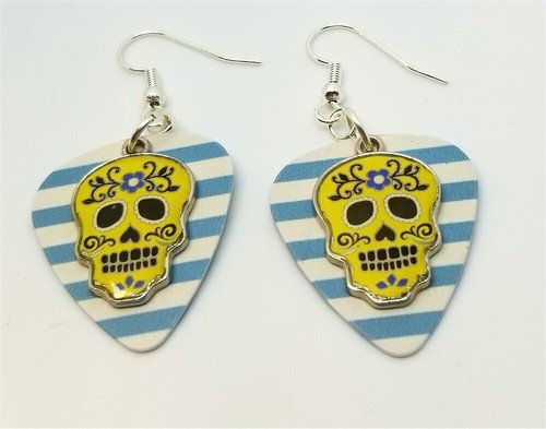 Yellow Sugar Skull Charm Guitar Pick Earrings - Pick Your Color - Picture 2 of 6