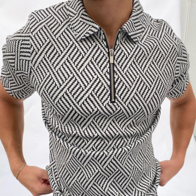Summer Black Plaid Pattern Polo Shirt Men's Casual Short Sleeve Top Summer