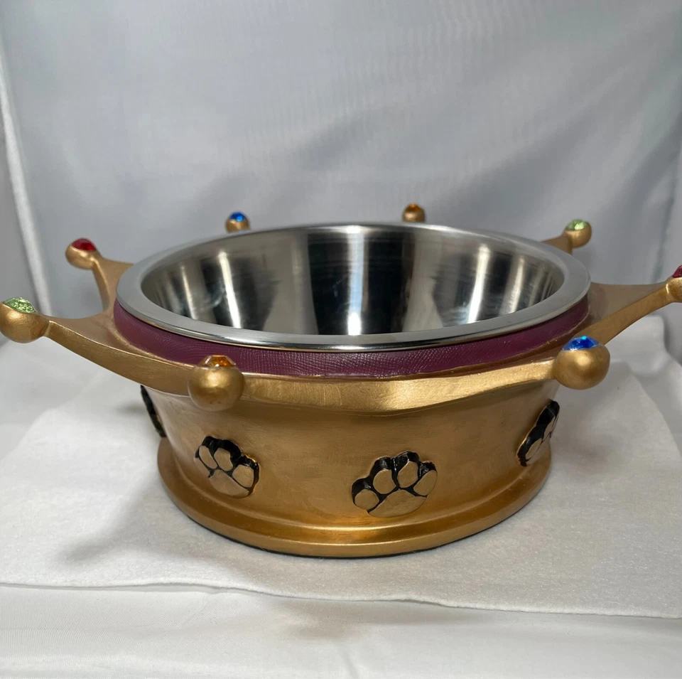 Royal Crown Dog Bowl Gold Pet Dish with Gems and Pawprints Fit for a Furry King - Image 2 of 4