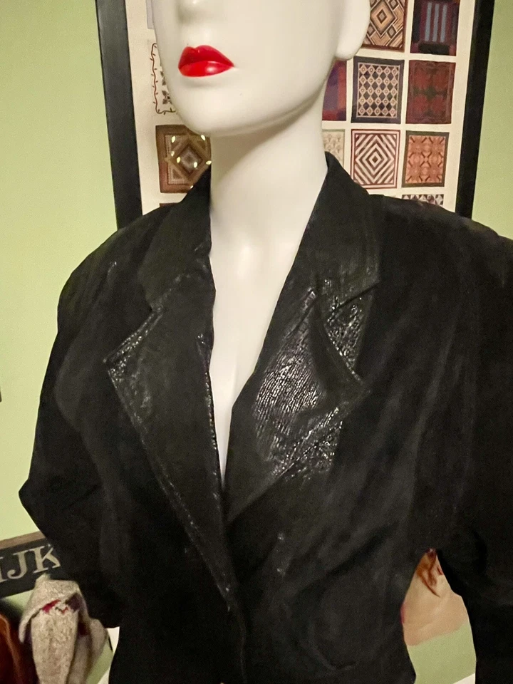 Abrigo de cuero negro vintage 1990 AICA pequeño punk discoteca motociclista cintura cortada S 26 Foto 3 de 4