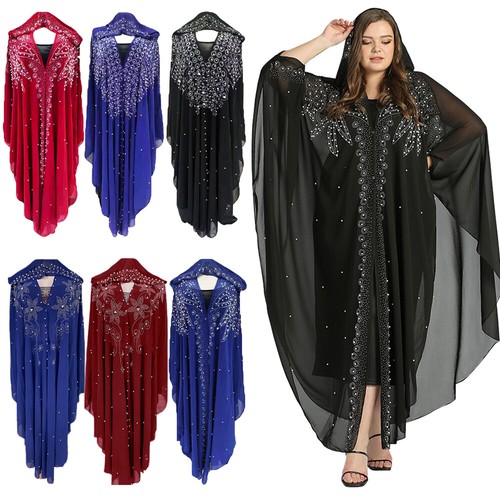 African Women Dubai Muslim Hoodie Maxi Dress Robe Abaya Farasha Kaftan Dress - Picture 16 of 36