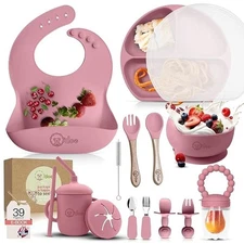 O'doe 17-Piece BPA-Free Silicone Baby Feeding Set. (Pink, V2)