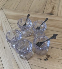 5-Antique Scalloped Pedestal Salt Cellars Pale Purple Glass With 3 Spoons Beauty