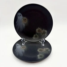 Halloween Appetizer Salad Plates Set of 2 Black Ghost Pumpkin Fall Dinnerware