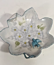 Hand Painted Blue Flowers Leaf Shaped Trinket Dish with Blue Bird Signed 5.5"