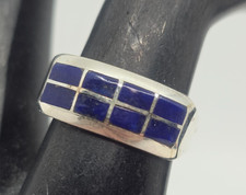 Zuni Signed Lapis Lazuli Inlaid Sterling Silver Ring Band Size 7.75