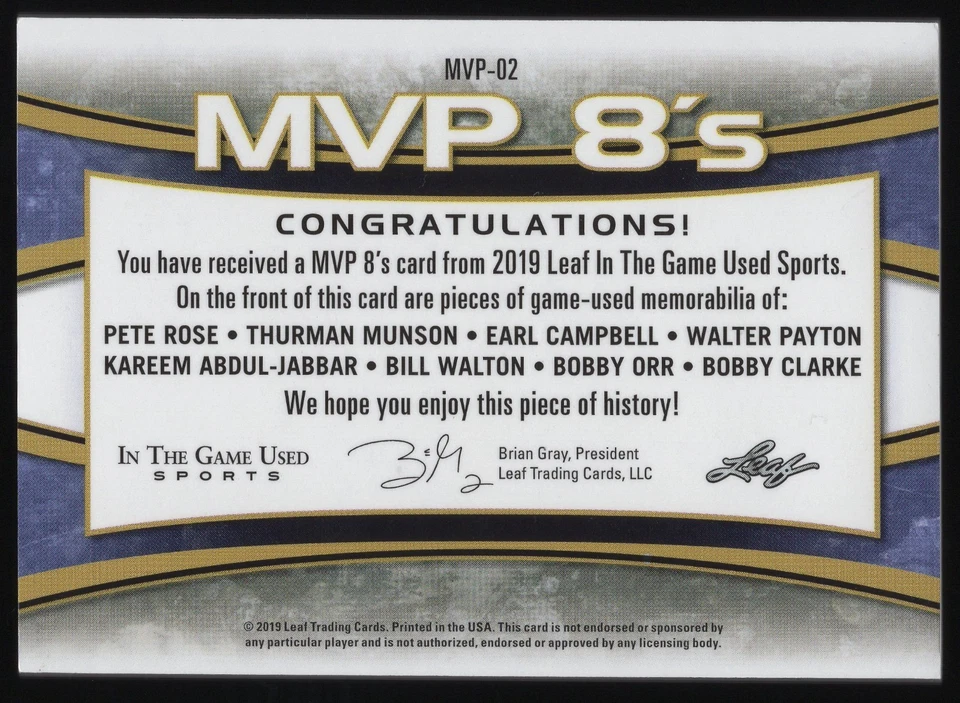 Rose/Payton/Munson/Orr/Clarke+More MVP 8's 2019 Leaf in the Game Used Sports /9 - Image 2 of 2