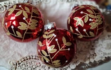 Rauch Glass Christmas Ornaments Vintage Red Floral Stencil Victorian Lot of 3
