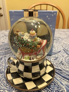 Mckenzie Childs Christmas Snow Globe Courtly Check “My Cup of Tea” New with Box