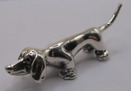Sweet Miniature Dachshund / Sausage Dog Cast In Sterling Silver & HM Birmingham