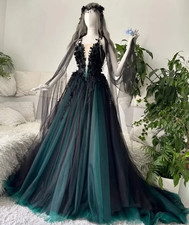 Vintage Princess Wedding Dress Dark Green And Black Gothic Bridal Gown 3D Floral