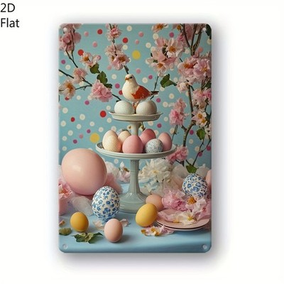 Distressed Metal Sign Easter Egg Display with Cherry Blossoms for Spring Decor