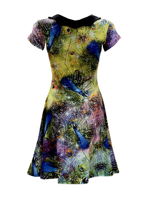 Brillant Et Coloré Paon Plumes Oiseaux Imprimé Robe Col Vintage