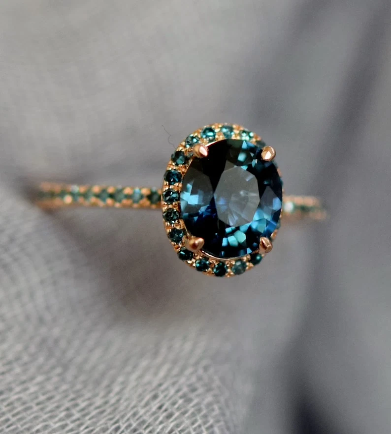 14k Rose Gold Peacock Blue Green sapphire Gemstone Engagement