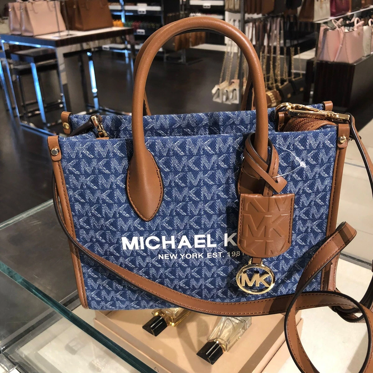 MICHAEL KORS MIRELLA SMALL SHOPPER CROSSBODY SATCHEL HANDBAG PURSE MK BLUE  LOGO 196163437484