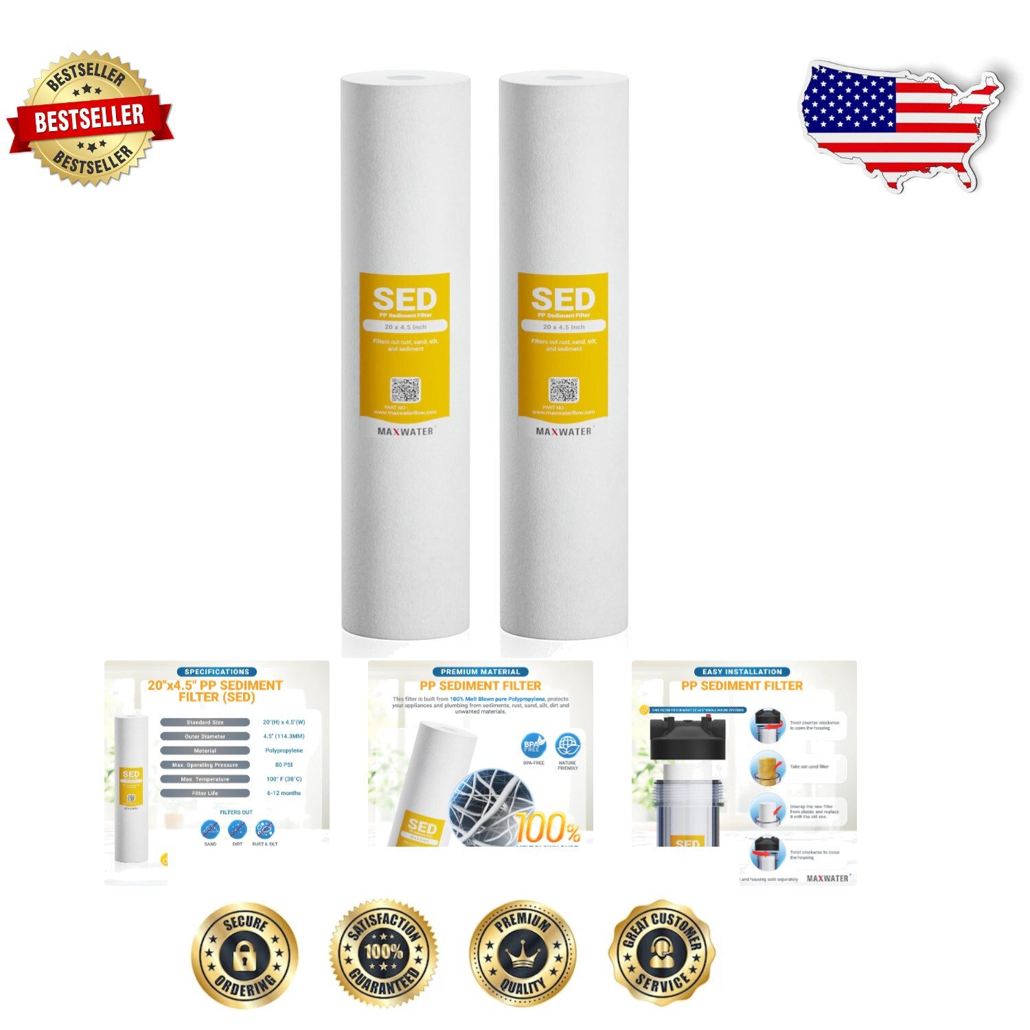 Durable 20 x 4.5 Inch Sediment Filter with Three-Layered Technology - 2 Pack