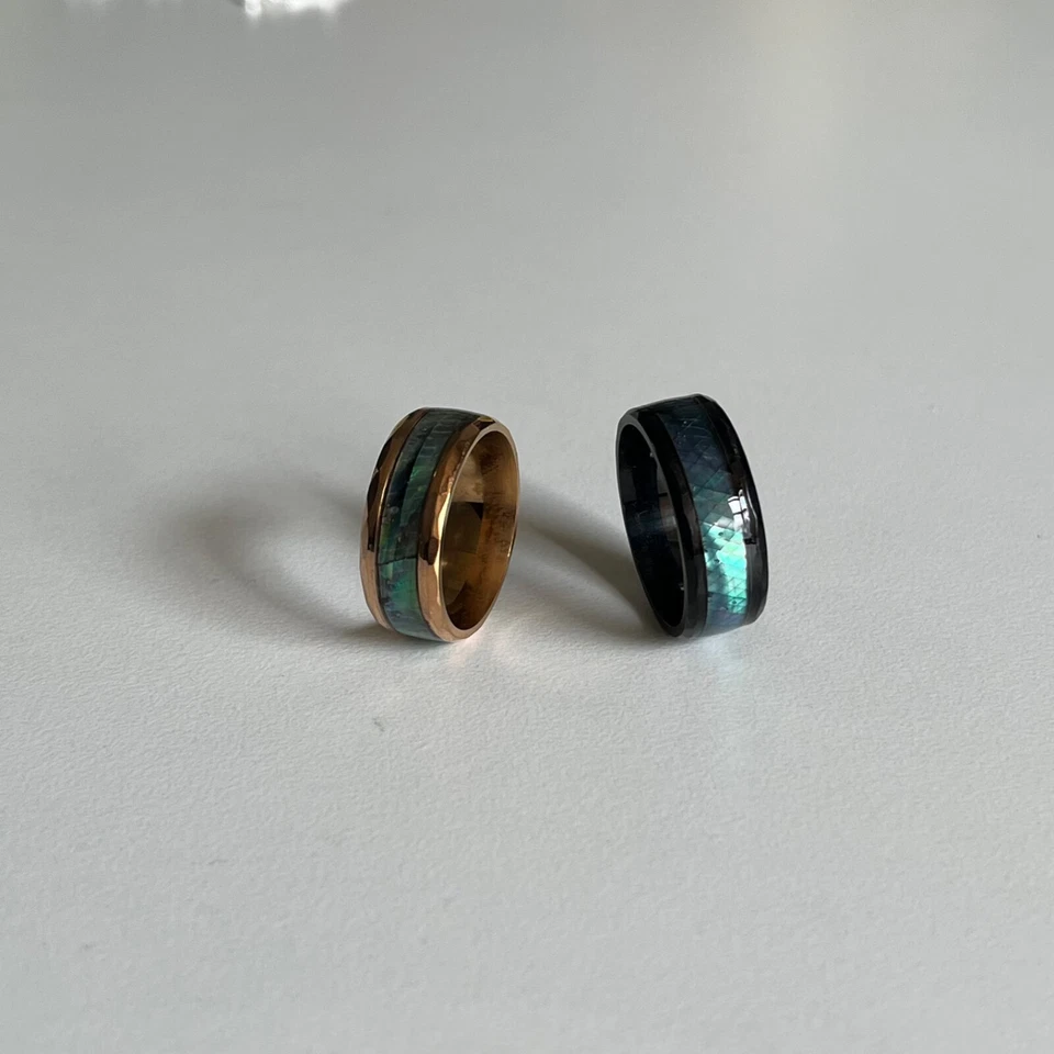 Anillo de compromiso de acero inoxidable con carcasa de abulón de carburo joyería de boda Foto 4 de 4