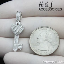 WOMEN SOLID 925 STERLING SILVER ICY BAGUETTE CZ 3D HEART KEY SHAPE PENDANT*SP451