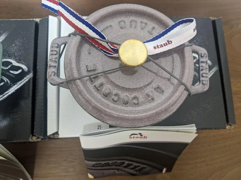 Staub Mini Pico Round Cocotte Chiffon Rose & Sage Green 4in Cast Iron Enamel NM - Image 3 of 4