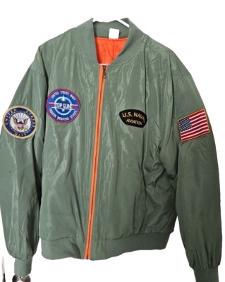 Navy Bomber Mens Size XL Top Gun Fighter Pilot Patch Jacket Satin Green 